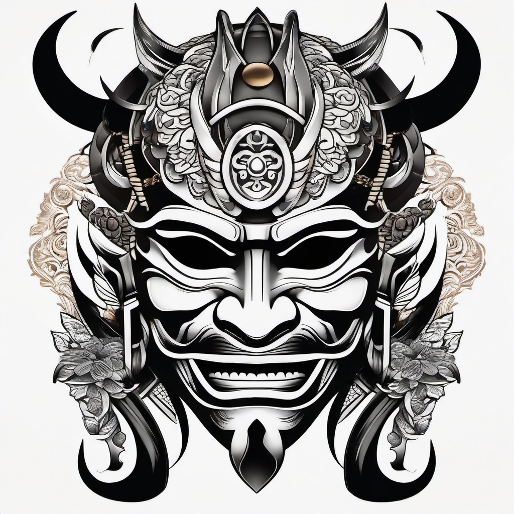 japanese samurai mask tattoo designs  simple color tattoo,white background,minimal