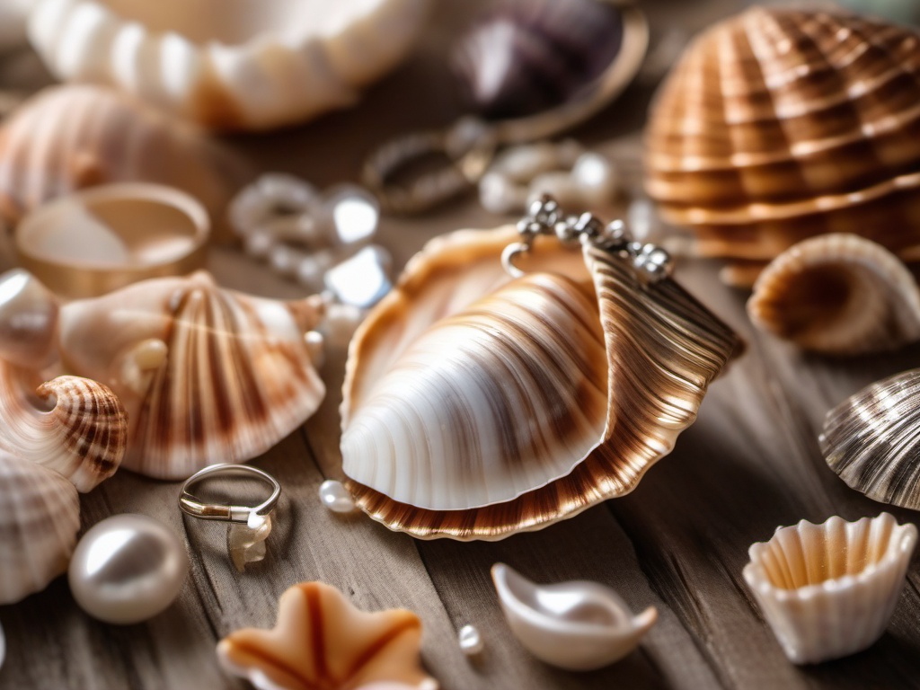 Seashell jewelry making and workshops close shot perspective view, photo realistic background, hyper detail, high resolution