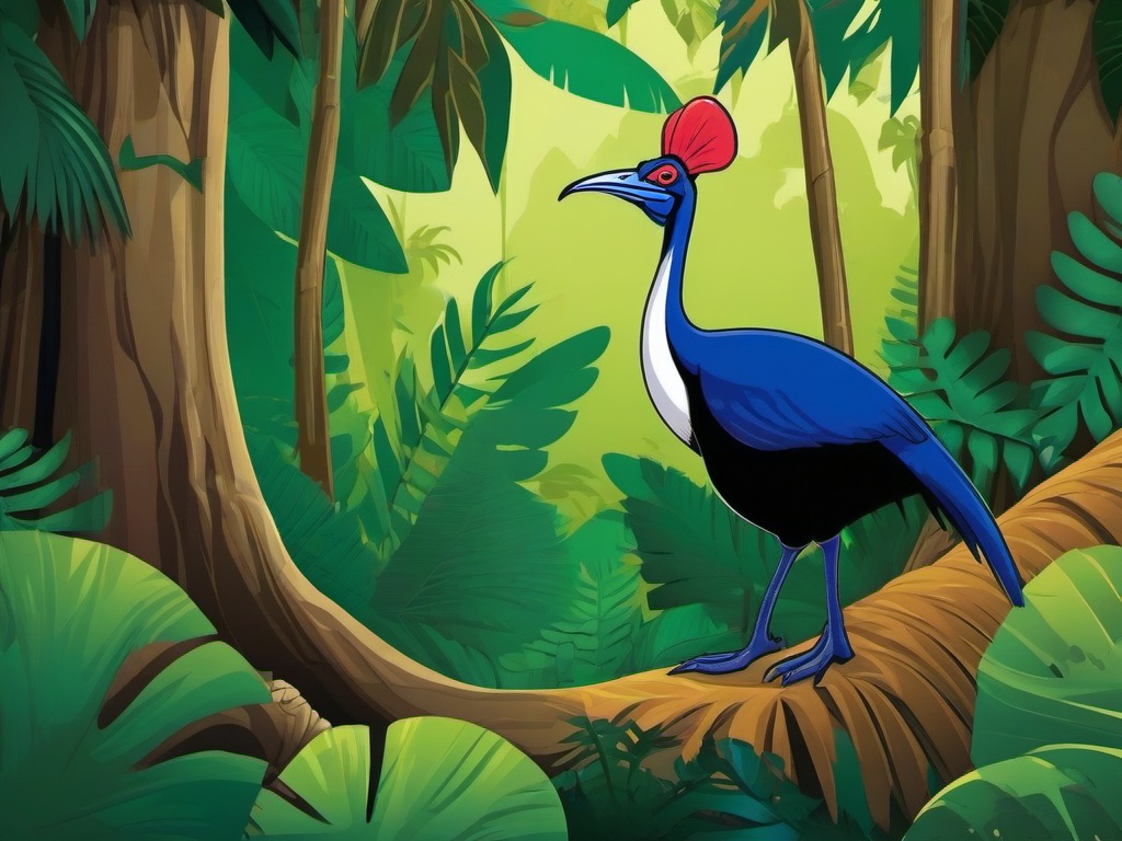 Cassowary Cartoon - Cartoon of cassowary in lush jungle  