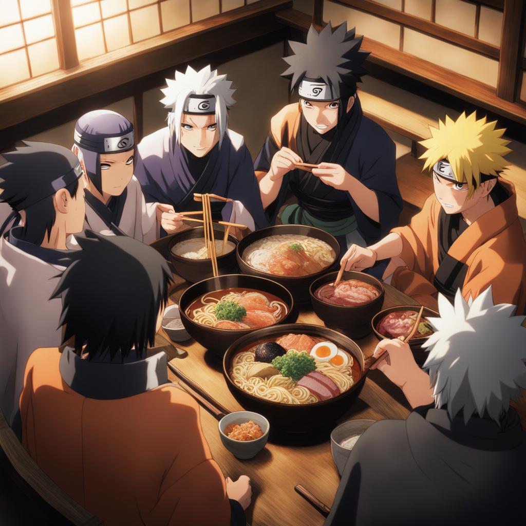 naruto shares a bowl of ramen with his friends at ichiraku ramen in the hidden leaf village. 