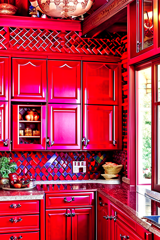 dragon's lair kitchen with fiery red accents and dragon-scale tiles. 