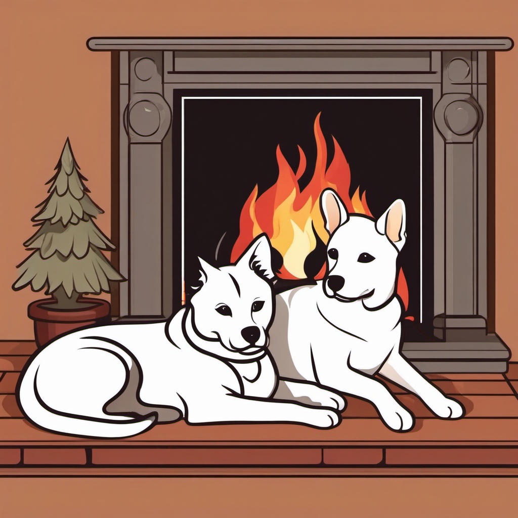 Dog cat cuddling by the fireplace clipart  simple, 2d flat