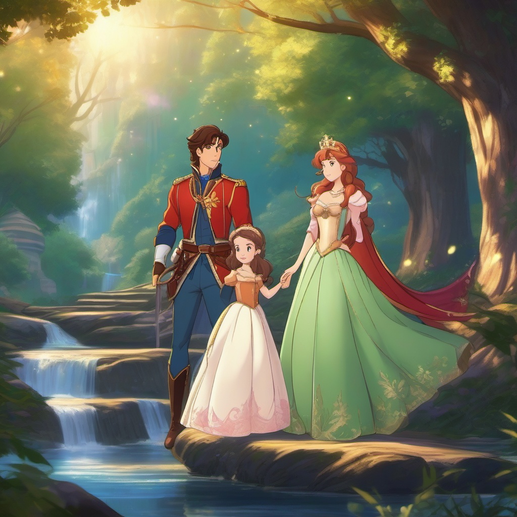 Charming prince and charming princess, in a fairy tale kingdom, embarking on an epic quest to rescue a captive princess, as a matching pfp for couples. wide shot, cool anime color style