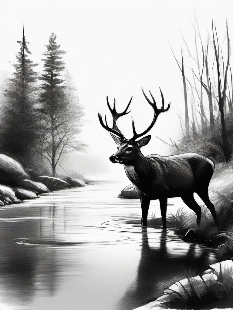 drawing of a deer drinking from a stream  minimal rough sketch scribbles,doodles,black and white