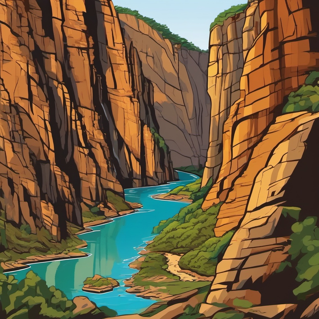 Rugged cliffs, river /canyon in the middle, caves on the side of the cliffs, coloured clipart