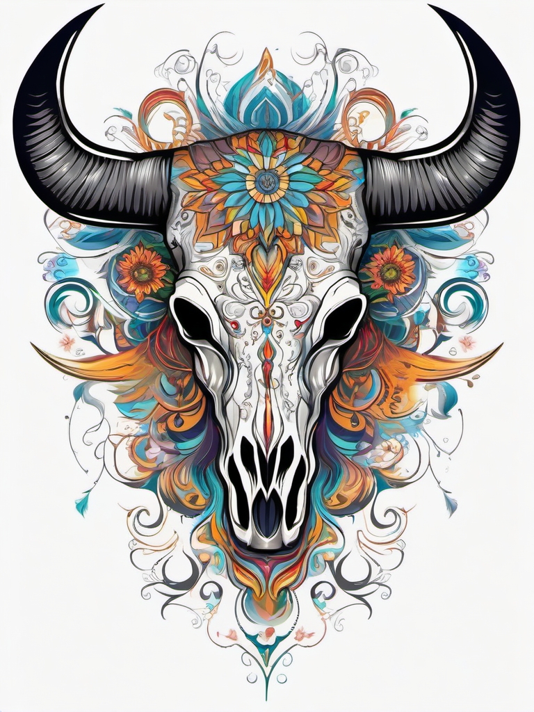 Abstract bull skull swirls ink. Whimsical dance of the wild spirit.  color tattoo design, white background