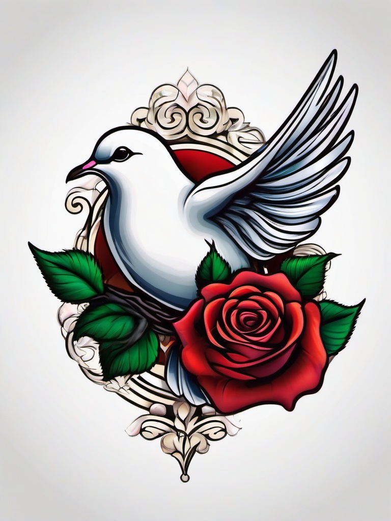 Dove and Rose Tattoo Drawing-Creative and artistic drawing of a tattoo featuring both a dove and a rose, showcasing beauty and symbolism.  simple color tattoo,white background