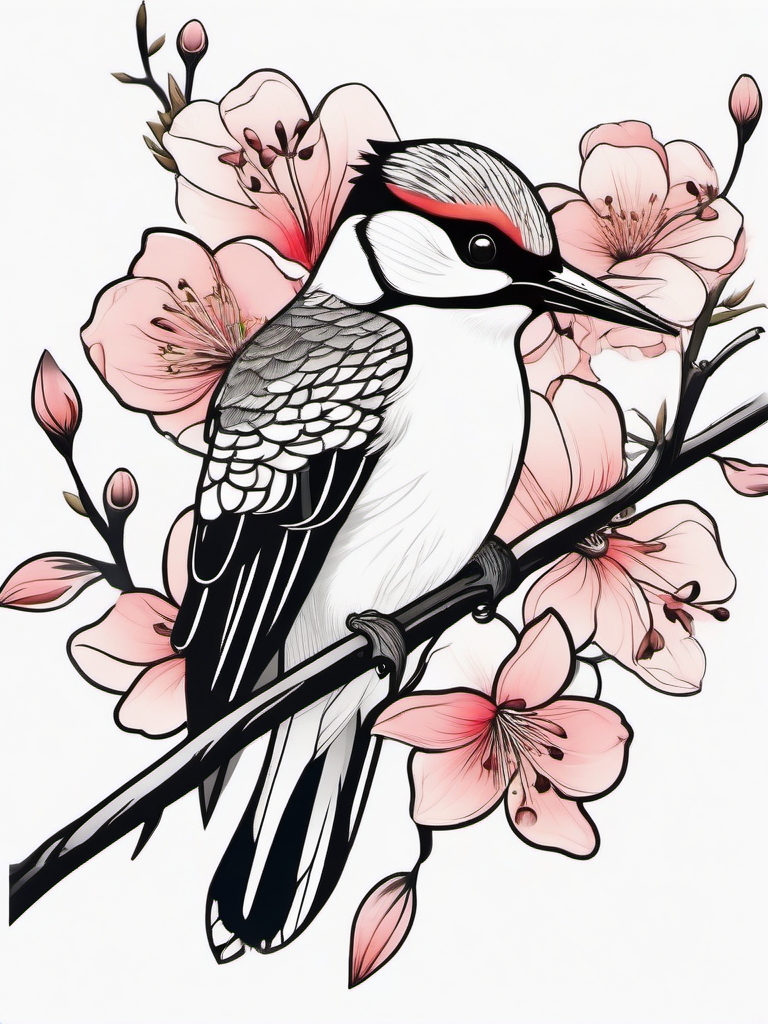 Woodpecker tattoo on a branch surrounded by blooming flowers.  color tattoo style, minimalist design, white background