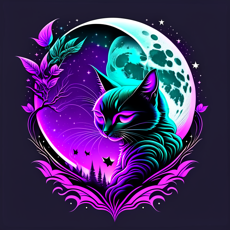 A vector design for a t-shirt of an Alien hugging a cat with the moon in the background, vector graphic, t-shirt design, dark fantasy, dark colors