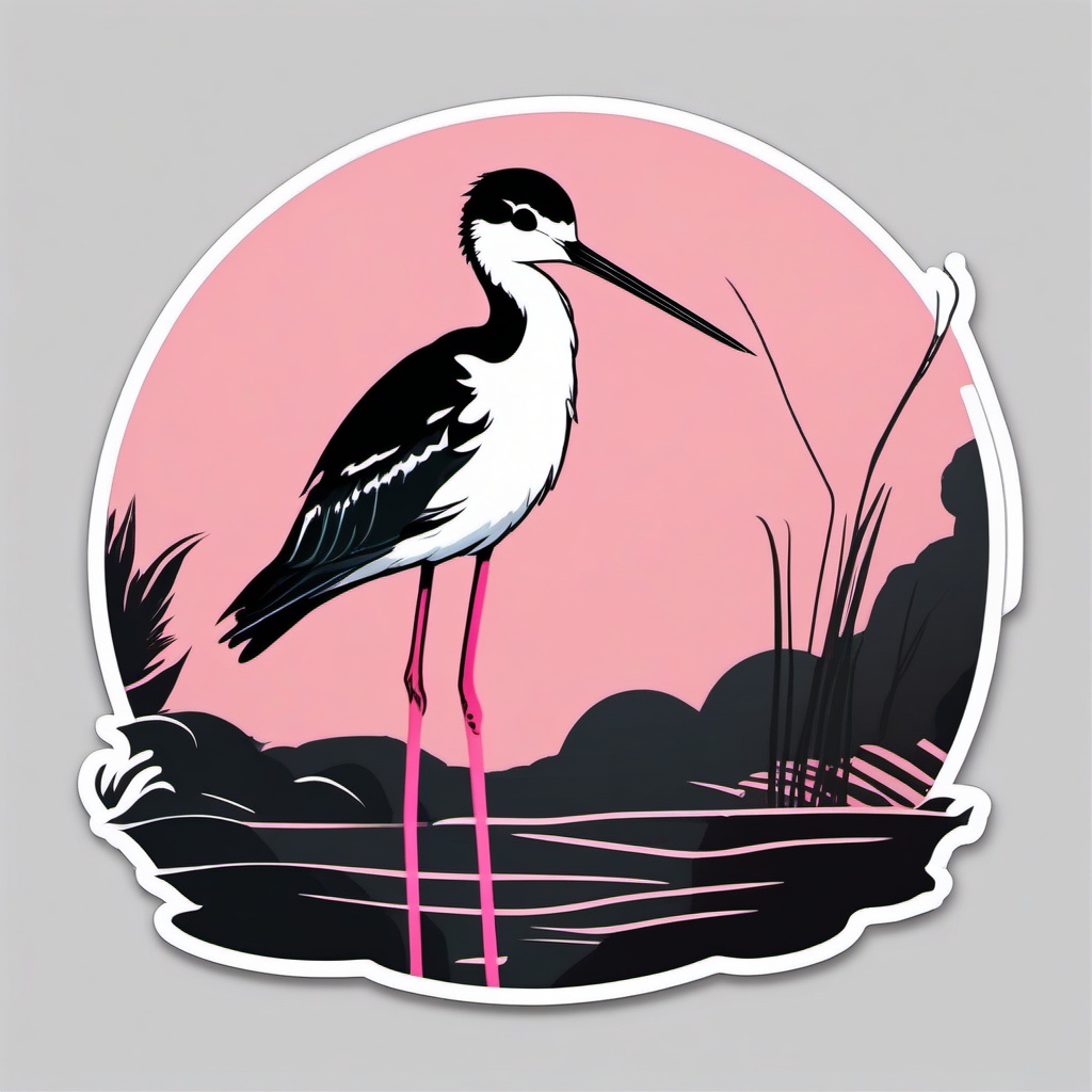 Black-Necked Stilt Sticker - A black-necked stilt with long pink legs, ,vector color sticker art,minimal