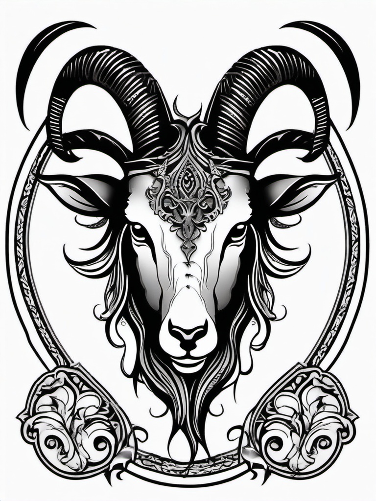 Gothic Goat Tattoo - A tattoo featuring a goat design with gothic or dark elements.  simple color tattoo design,white background