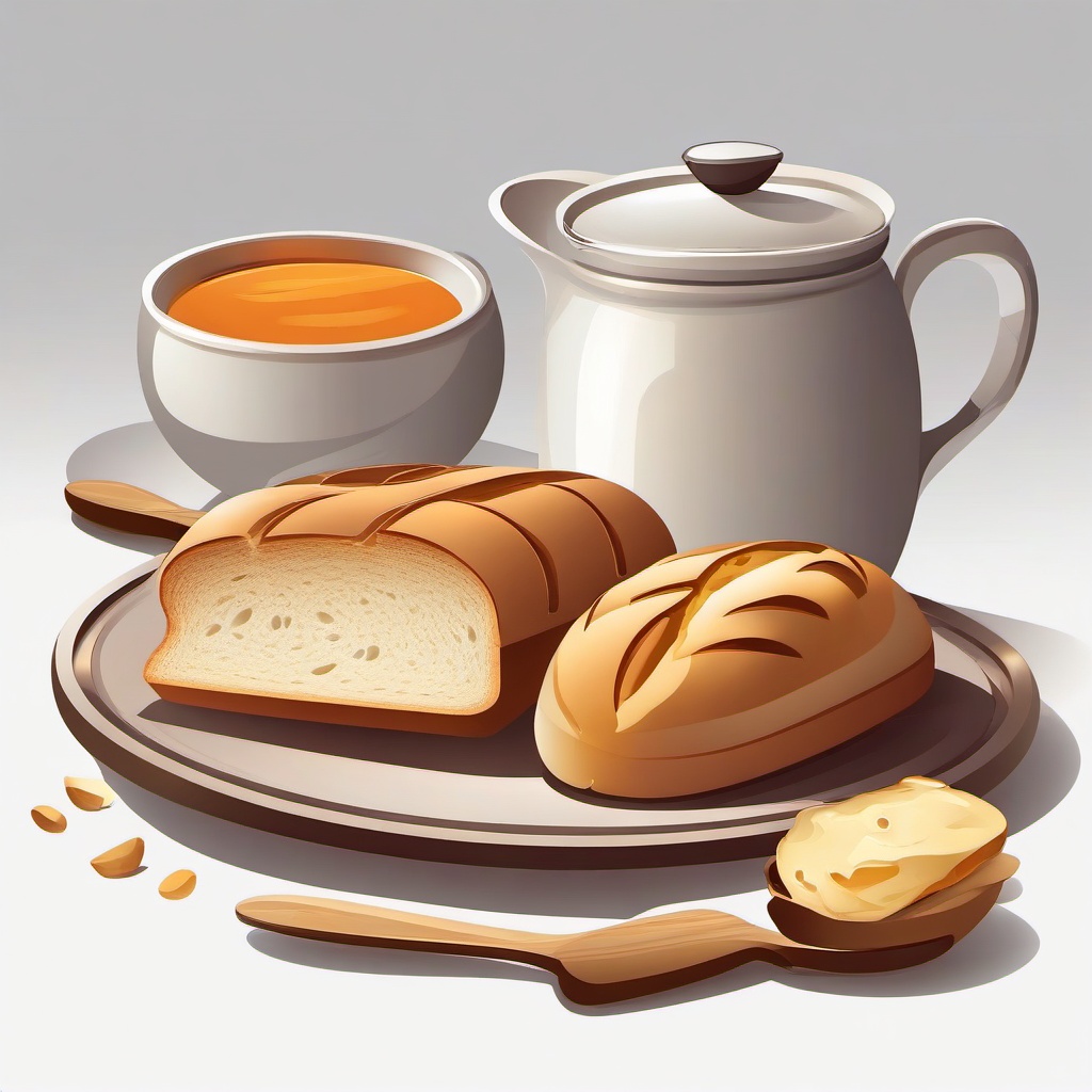 Bread clipart - Bread beside a soup bowl.  vector style illustration, white background