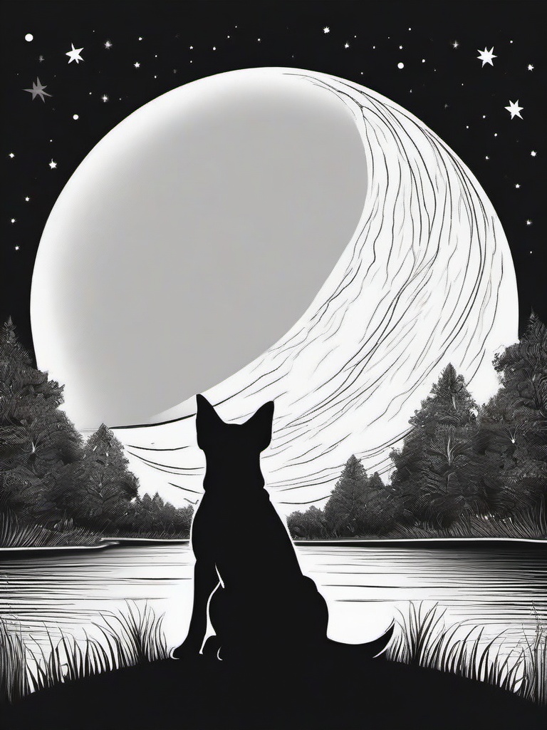 Puppy and Moon Coloring Pages - Dreamy Puppy Under the Night Sky  minimal black outline printable sheet, coloring page