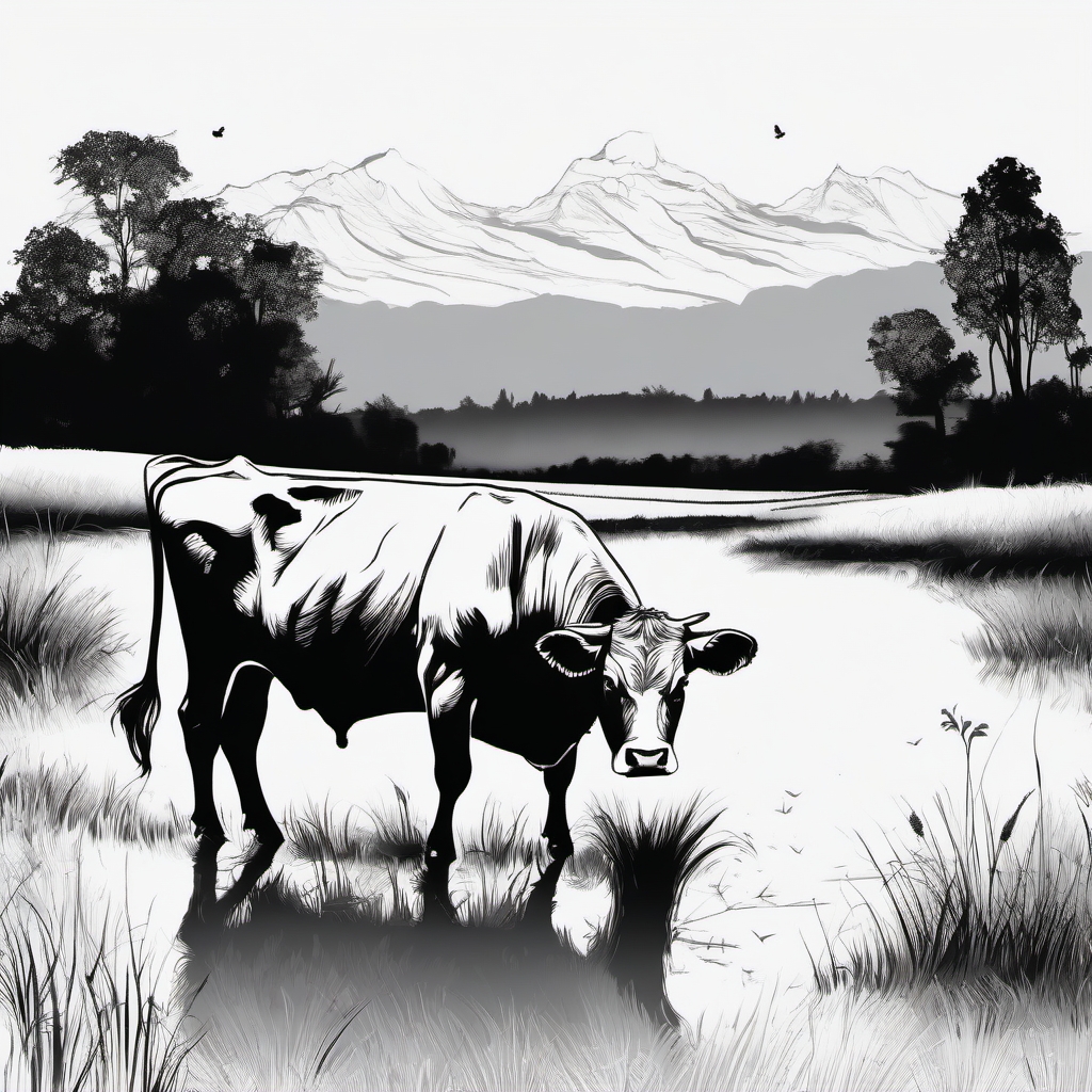 Cow in a field ink: Serene landscape, rustic beauty.  black and white tattoo style