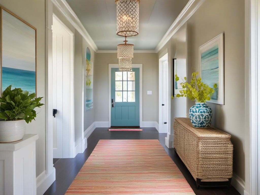 The hallway showcases Hampton interior design through bright colors, natural light, and coastal decor, creating a welcoming passage throughout the home.  