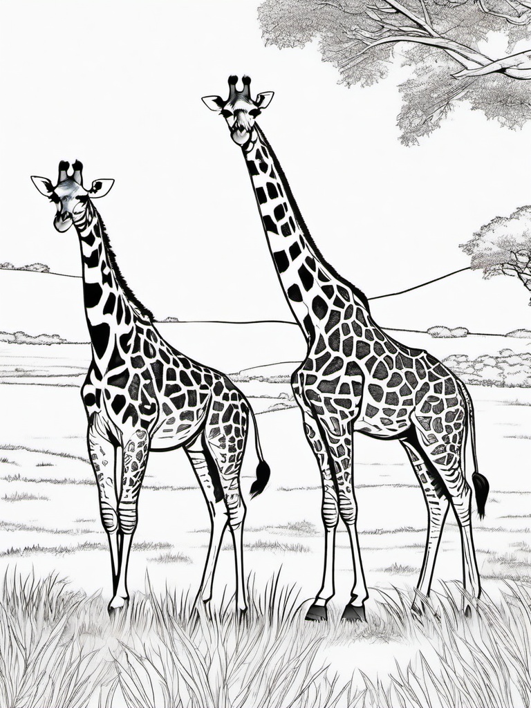 Giraffe Coloring Pages - Giraffe family walking together in the savannah  simple coloring pages