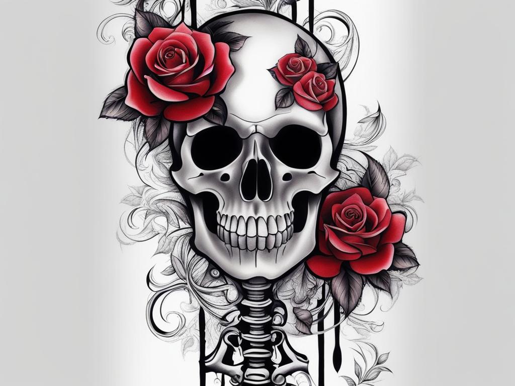 Rose skeleton hand tattoo, Unique tattoos featuring a skeleton hand adorned with roses.  color, tattoo patterns, white clean background