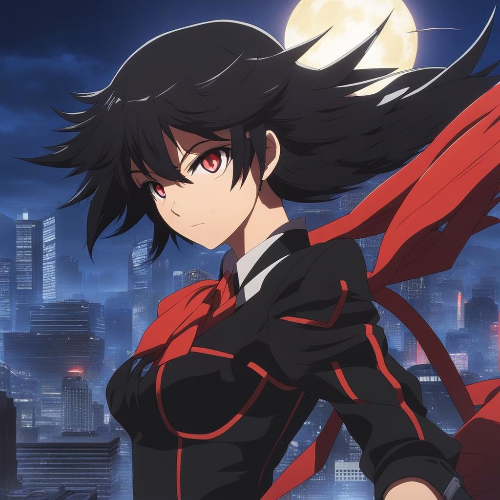 ryuko matoi engages in a climactic showdown with her nemesis in a dystopian cityscape. 