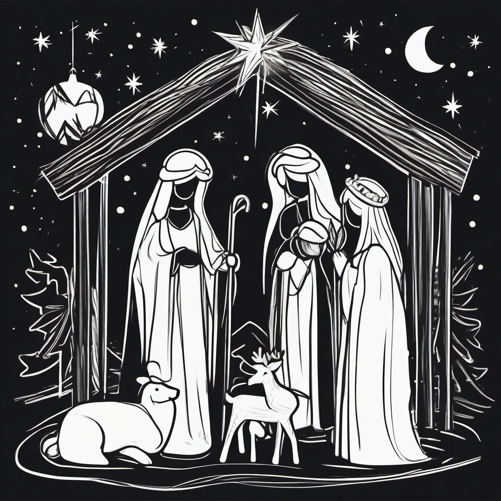 drawing of christmas nativity  minimal rough sketch scribbles,doodles,black and white