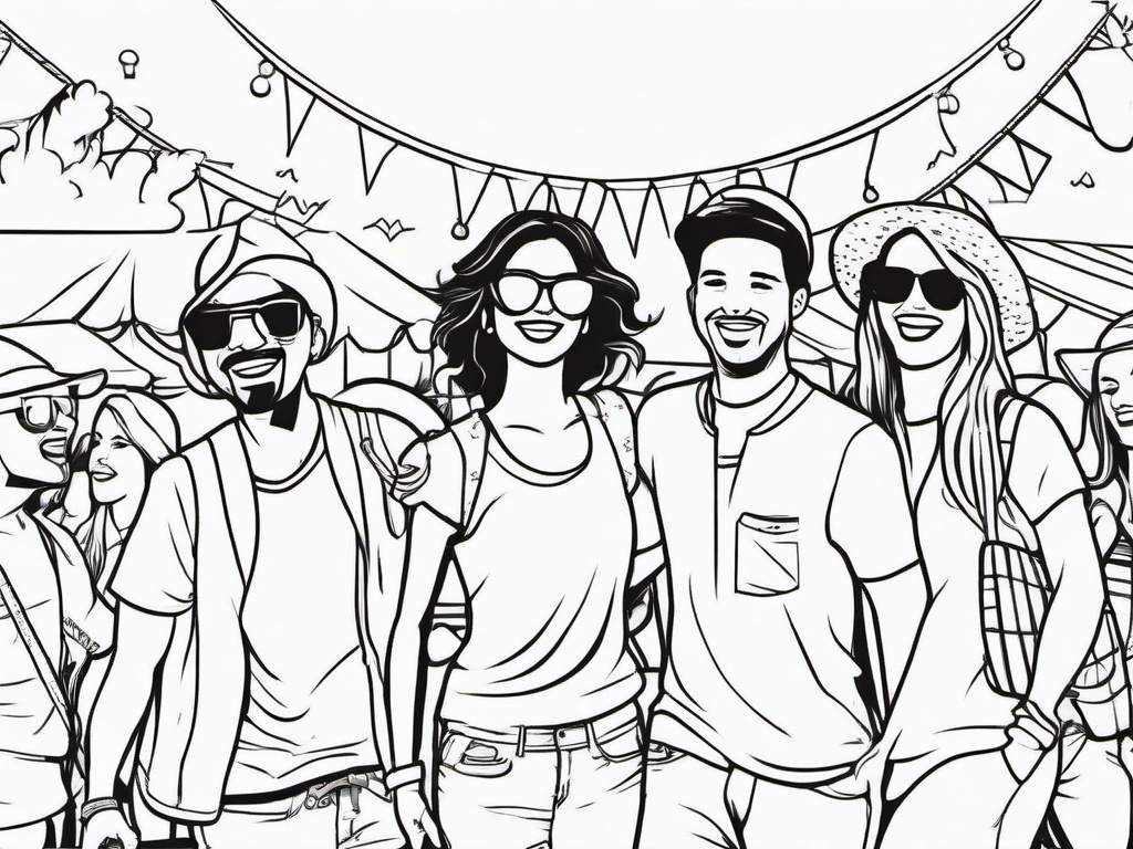 Group of friends having fun at a summer festival  simple coloring pages