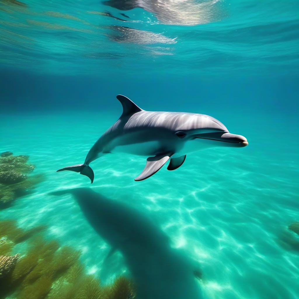 Cute Dolphin Playfully Swimming in a Turquoise Lagoon 8k, cinematic, vivid colors