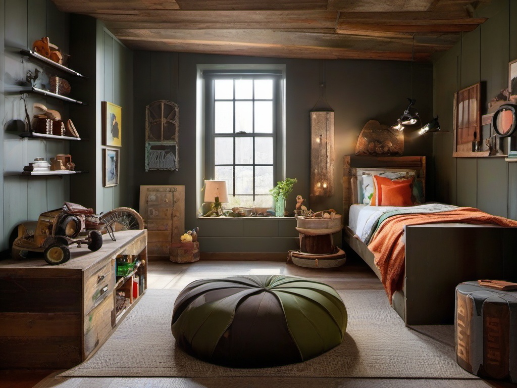 In the kids' room, Post-Apocalyptic interior design showcases salvaged furnishings, playful decor, and earthy colors that inspire creativity and imaginative play.  