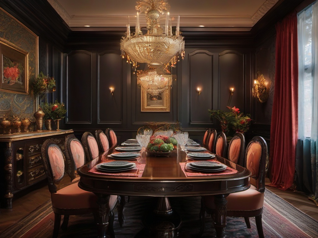 The dining room embodies Russian Revival interior design with a grand dining table, intricately patterned tableware, and decorative accents that make every meal a festive occasion.  