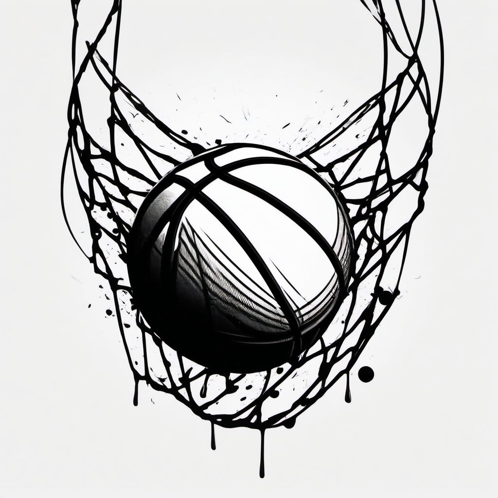 Basketball and net ink. Perfect shot celebration.  black white tattoo style, minimalist design,white background