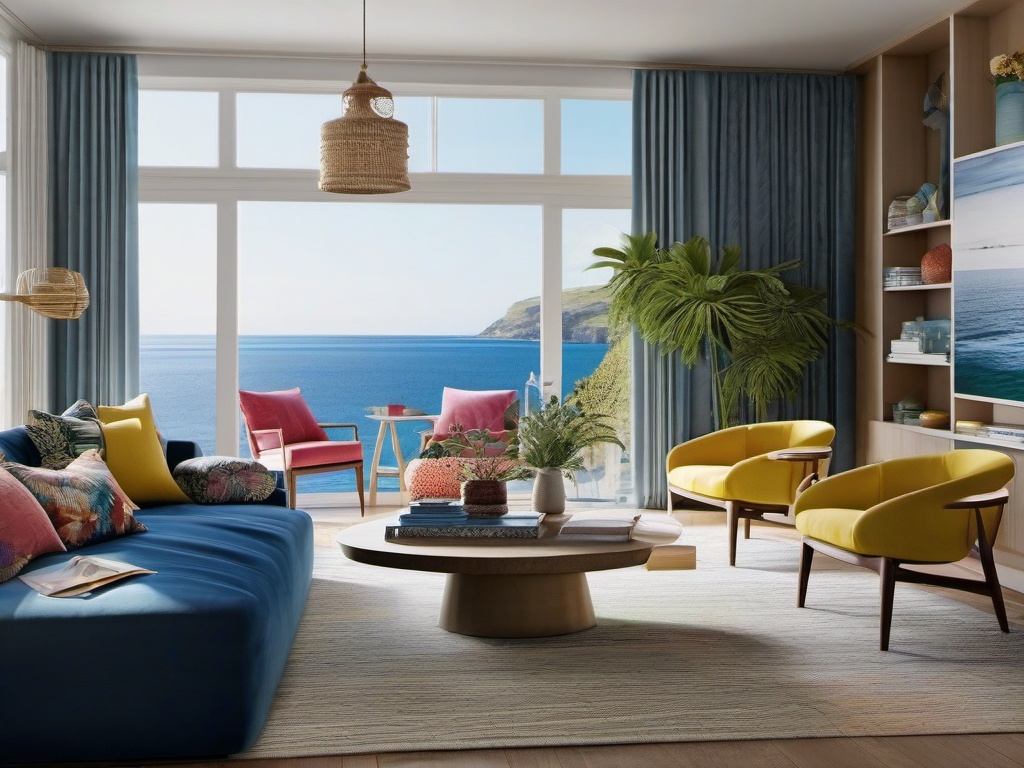 Contemporary Coastal Comfort - Design a contemporary coastal living room with sea views. , living room decor ideas, multicoloured, photo realistic, hyper detail, high resolution,