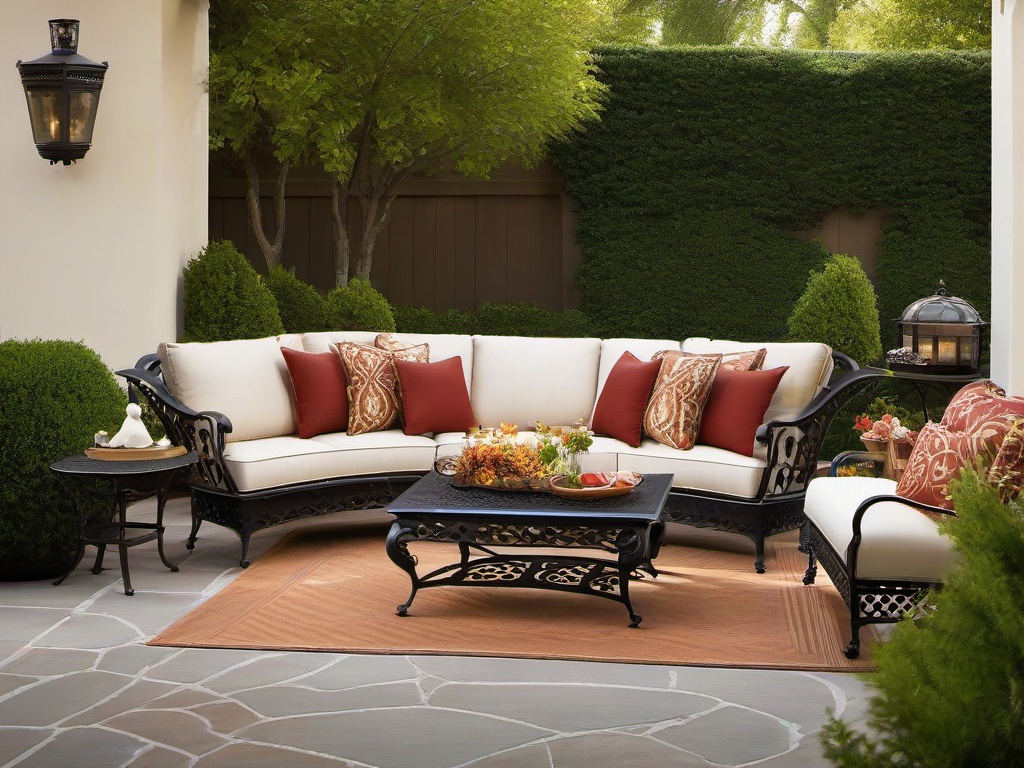 Traditional patio showcases classic wrought iron furniture, elegant decor, and rich colors, providing a sophisticated yet comfortable space for enjoying the outdoors.  