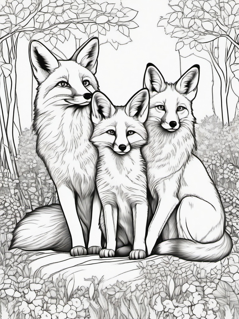 Fox Coloring Pages - Fox family nestled together in a woodland setting  simple coloring pages