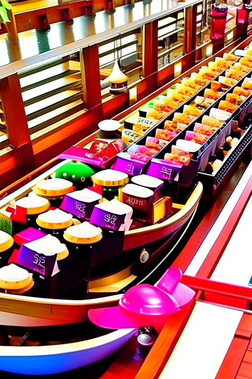 sushi boat buffet, indulging in an all-you-can-eat sushi buffet on a boat-shaped conveyor belt. 