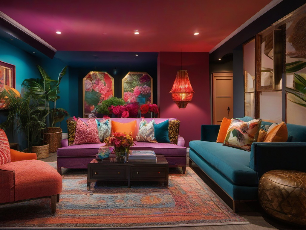 The basement highlights maximalist interior design with a lively mix of furniture, colorful decor, and engaging lighting that creates a vibrant space for entertainment and relaxation.  