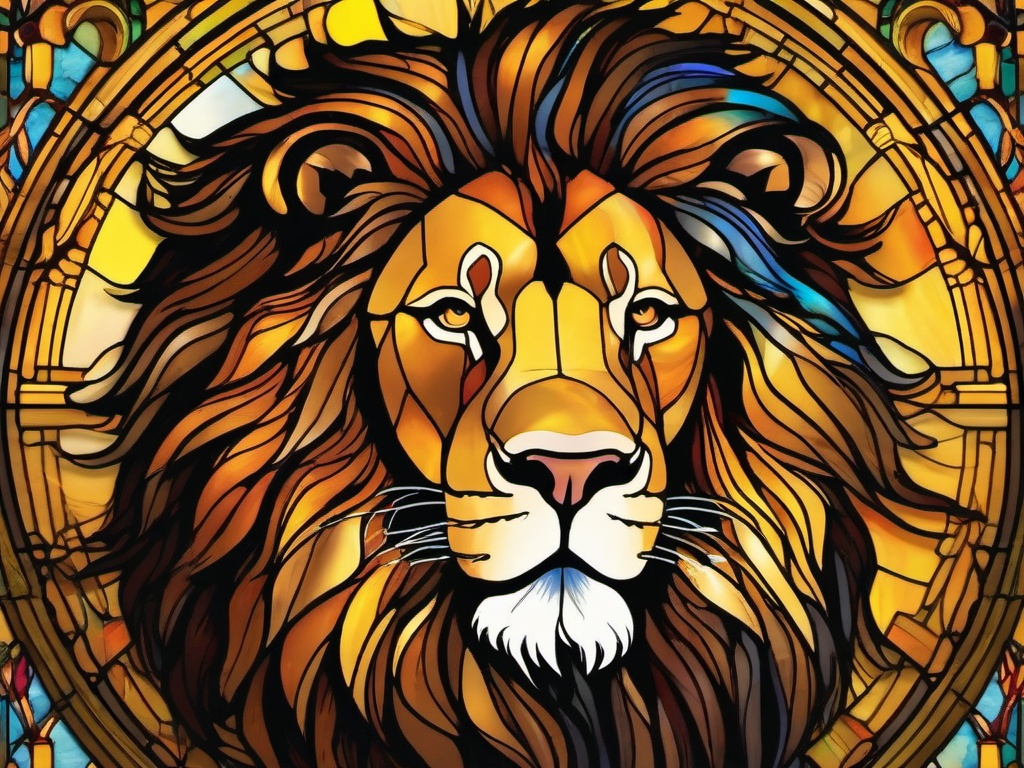 Stained Glass Lion - Majestic lion with golden mane  