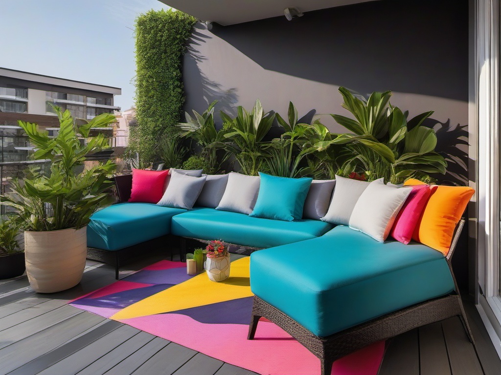 The balcony showcases Pop Art interior design with colorful outdoor furniture, bright decor, and vibrant plants that create a lively space for relaxation and gatherings.  