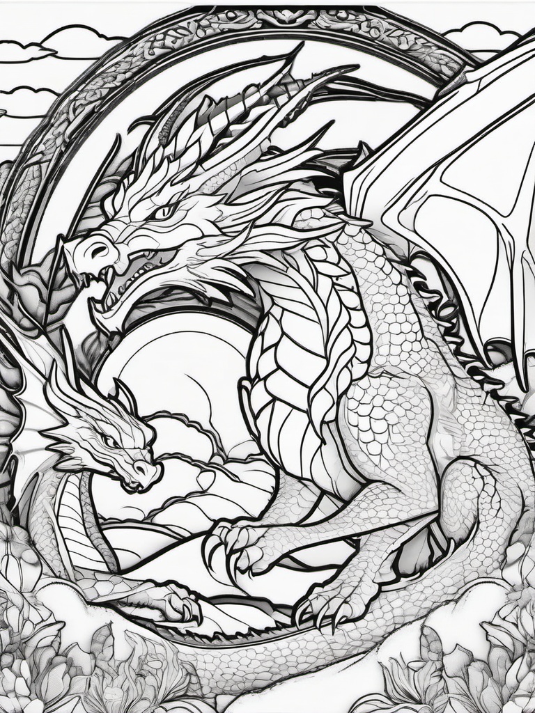 Dragon Family Coloring Pages - Group of Dragons Together in Harmony  minimal black outline printable sheet, coloring page