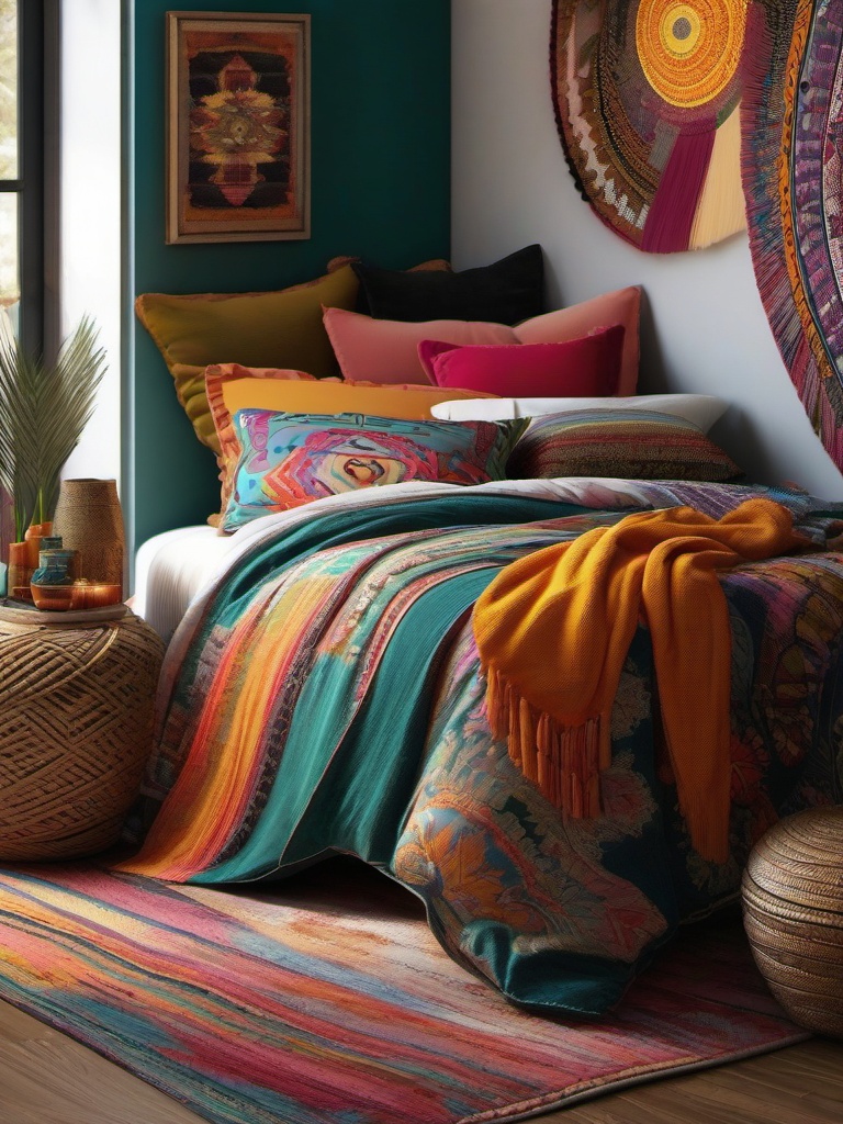 Artistic Bohemian Sleeping Corner - Design an artistic bohemian corner with unique decor. , bedroom interior decor design ideas, multicoloured, photo realistic, hyper detail, high resolution,