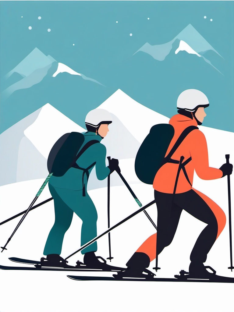 Snow Skiing in the Mountains Clipart - Skiers on a mountain slope.  color vector clipart, minimal style