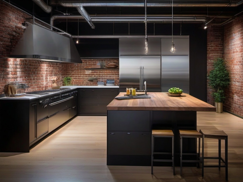 Industrial kitchen incorporates exposed brick, metal accents, and open shelving, creating a stylish and functional urban cooking environment.  