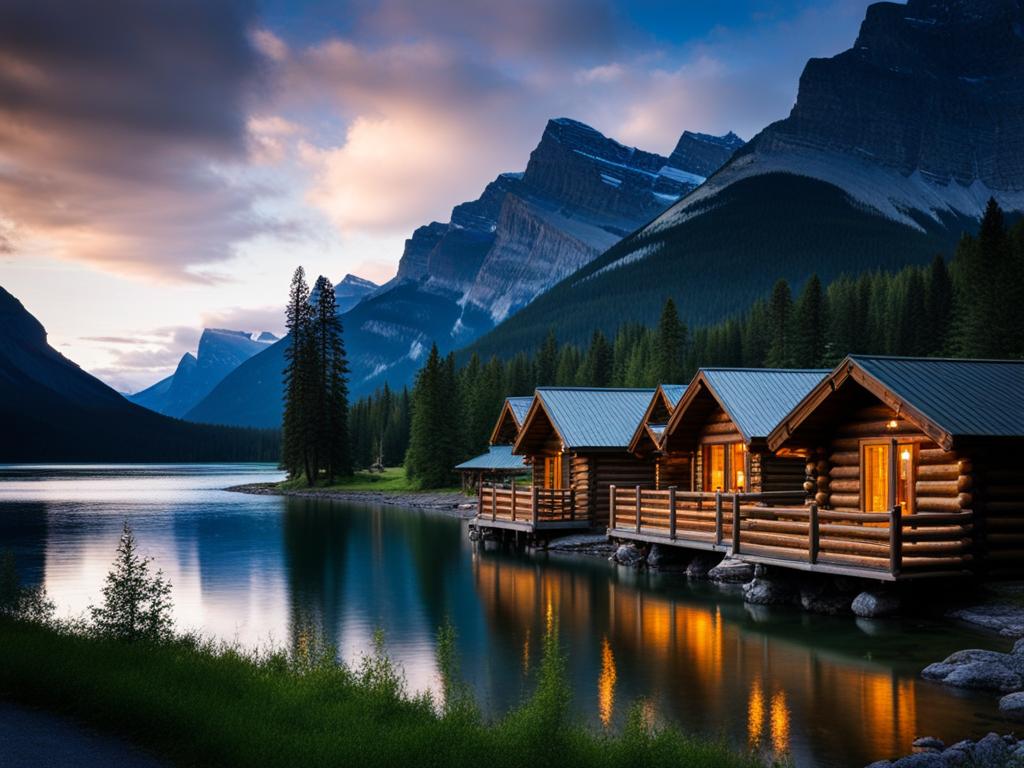 canadian log cabins, with rustic charm, sit by the lakeshores of banff, canada. 