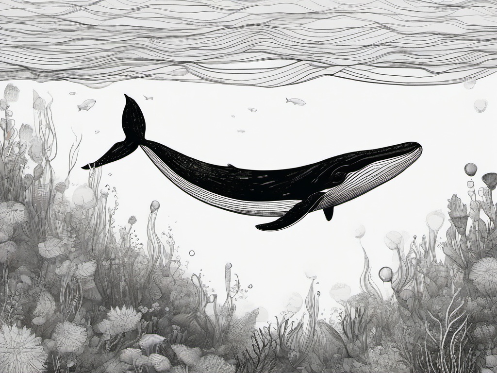 drawing of a whale under the sea  minimal rough sketch scribbles,doodles,black and white