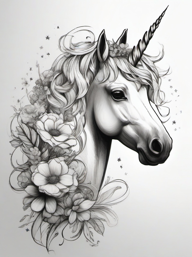 drawing of a unicorn with a flower crown  minimal rough sketch scribbles,doodles,black and white