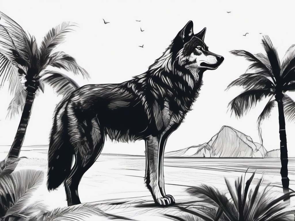 drawing of a wolf in tropical island  minimal rough sketch scribbles,doodles,black and white