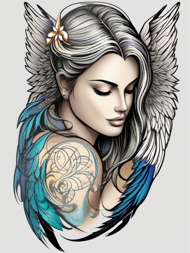 Wing Angel Tattoo-Choosing a symbol of freedom and spirituality with a wing angel tattoo, expressing a connection to celestial realms and heavenly guidance.  simple vector color tattoo