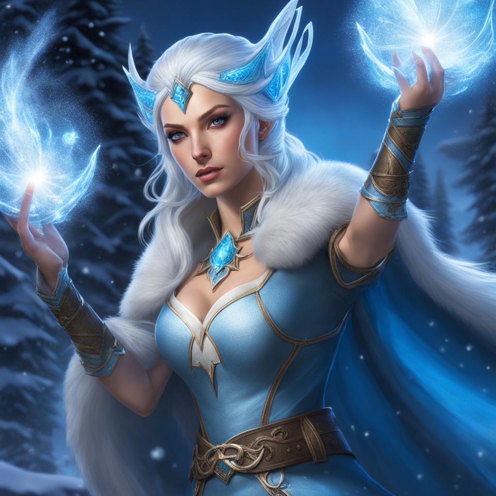 elira frostwhisper, an elf sorcerer, is creating a swirling blizzard to freeze enemies in their tracks. 