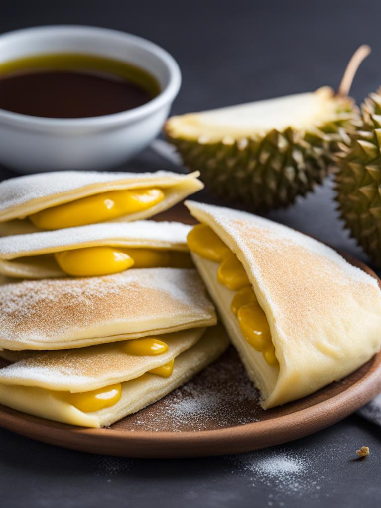 durian pancakes, thin pancakes filled with fresh durian fruit. 