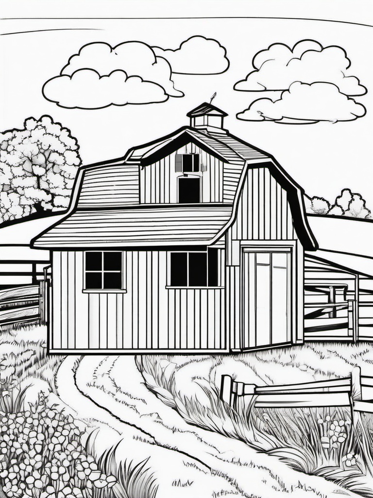 House Coloring Pages - Farm barn with animals grazing nearby  simple coloring pages