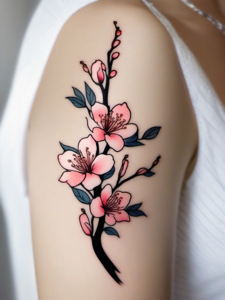 Cherry blossom branch ink: Blooms of delicate beauty intertwined in tattoo art.  simple color tattoo style