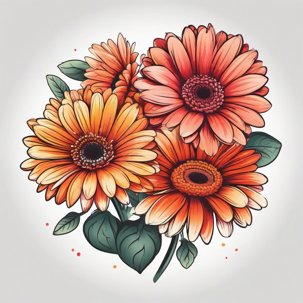 Gerbera Daisies Tattoo-Celebration of the beauty of gerbera daisies with a tattoo, vivid colors and cheerful vibes.  simple color tattoo,minimal vector art,white background