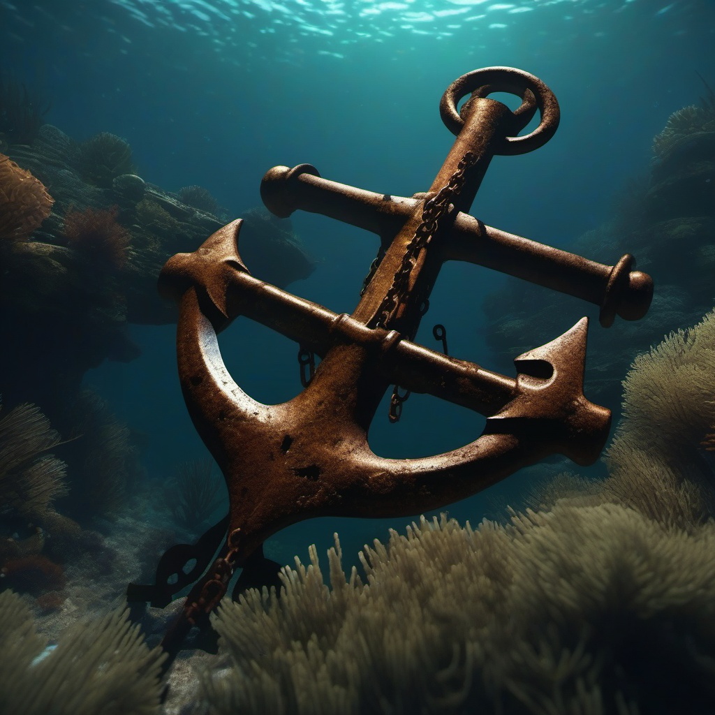 A rusted anchor rises from the depths of the sea, revealing the mysteries of the deep.  8k, hyper realistic, cinematic